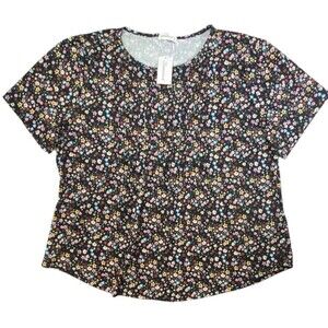 FANTASLOOK Women’s 3XL Black Floral Pleated Front Short Sleeve Top NWT